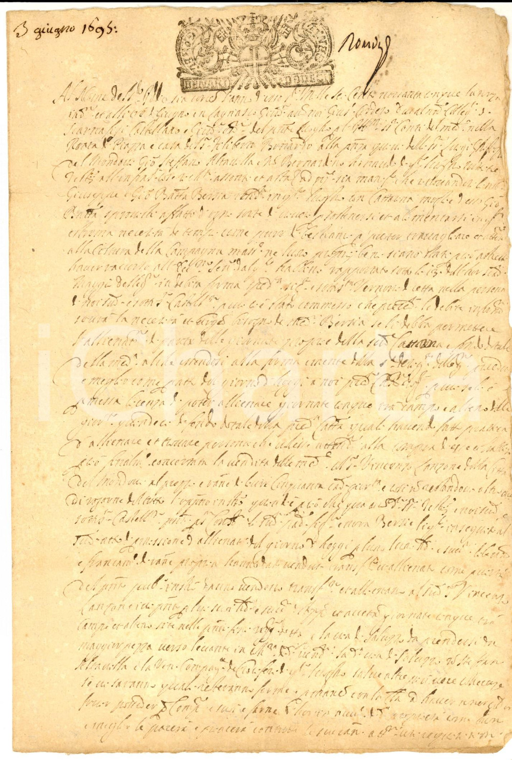 Documento originale, autentico 1695 LAGNASCO Giovanni Battista BERTIO vende terra a Vincenzo LANZONE 1