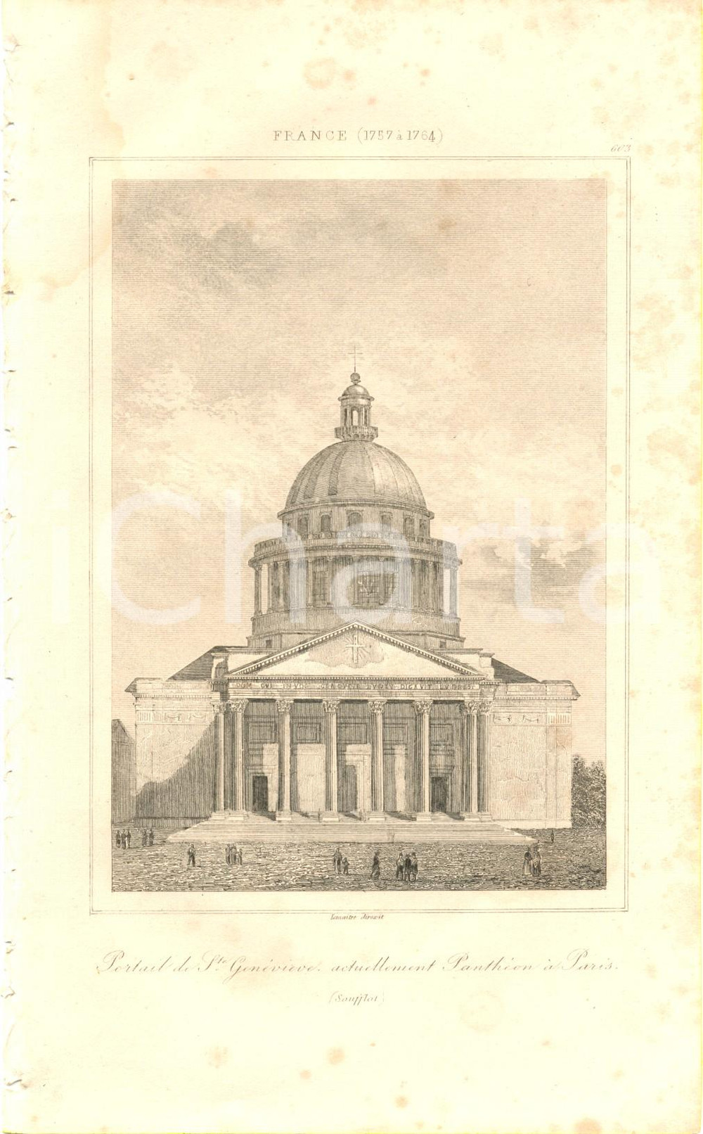 Stampa, bozzetto originale 1840 PARIS FRANCE Portail PANTHEON Eglise SAINTEGENEVIEVE Inc. LEMAITRE 1