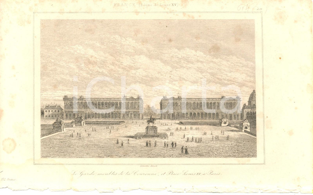 Stampa, bozzetto originale 1840 PARIS FRANCE Garde meubles COURONNE Place LOUIS XV Stampa inc. LEMAITRE 1