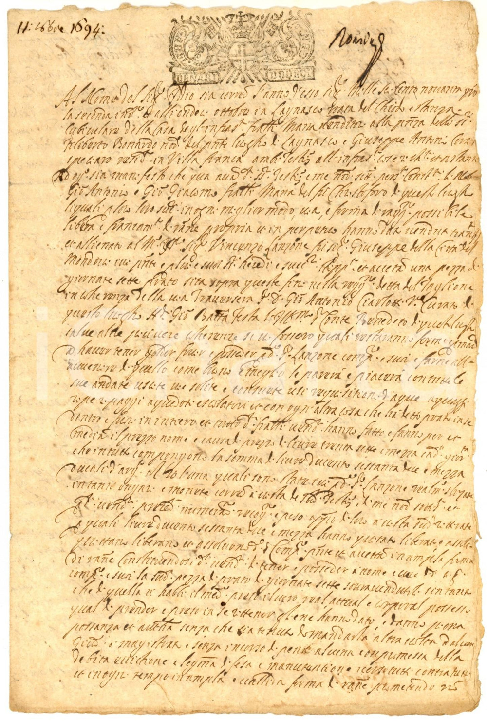 Documento originale, autentico 1694 LAGNASCO Fratelli Antonio e Giacomo MANA vendono prato a Vincenzo LANZONE 1