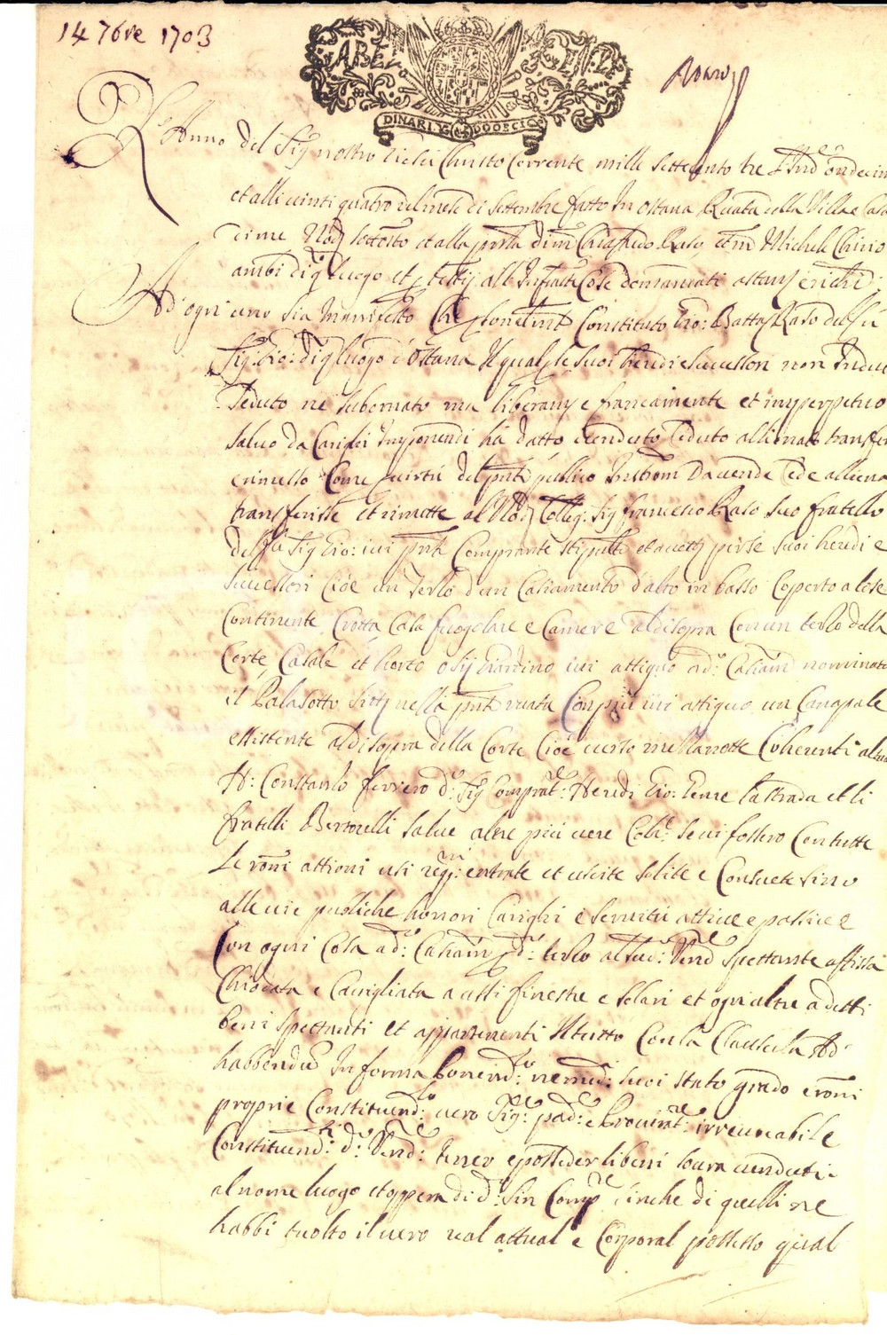 Documento originale, autentico 1703 OSTANA CN Giovanni Battista RASO vende porzione di casa con corte 1