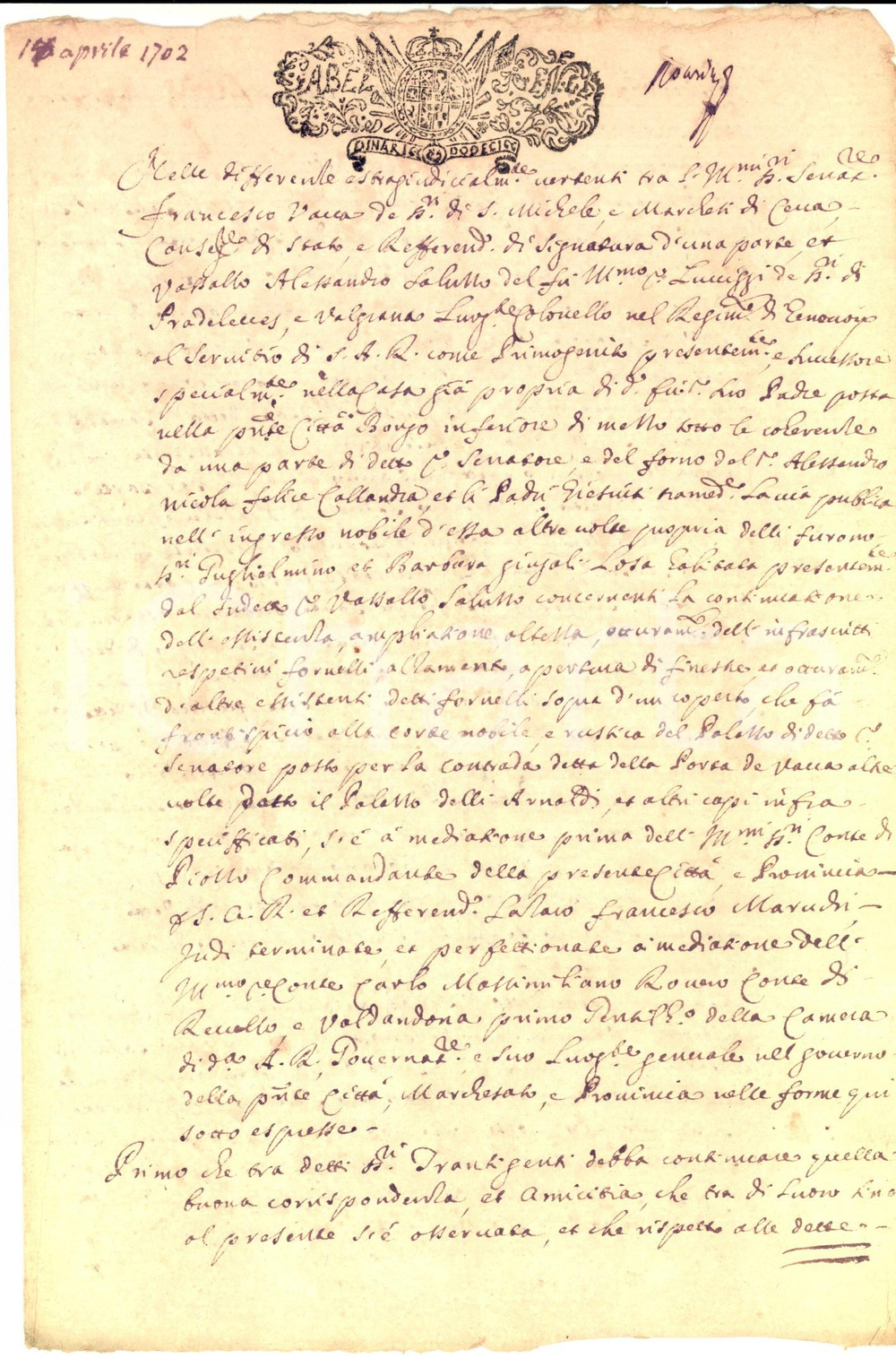 Documento originale, autentico 1702 SALUZZO Lite per fornello tra nobili Francesco VACCA e Alessandro SALUZZO 1