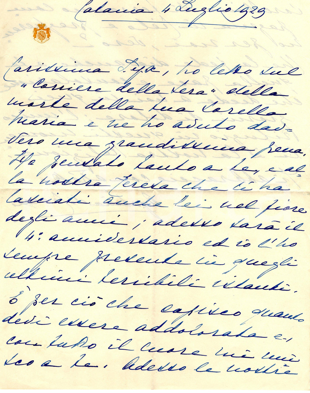 Manoscritto, lettera originale 1929 CATANIA Nobildonna Agata MAJORANA DI CARCACI - Lettera AUTOGRAFA 1