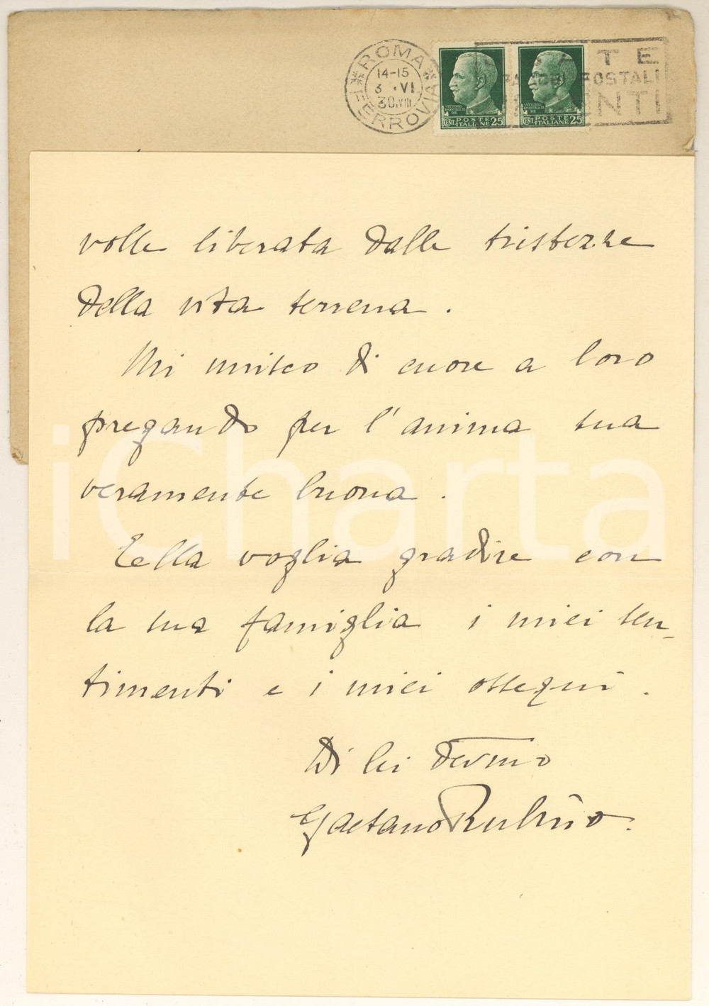Autografo originale 1930 ROMA Lettera prof. dott. Gaetano RUBINO per condoglianze - Autografo 1