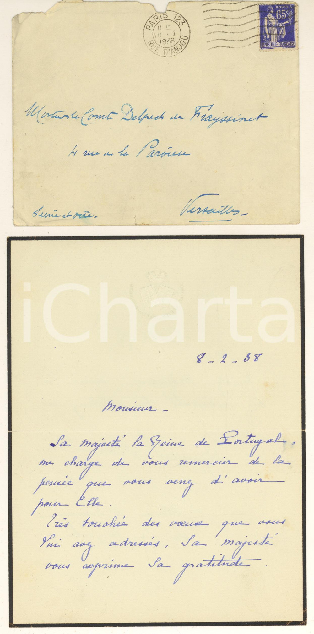 Manoscritto, lettera originale 1938 VERSAILLES Mme RANDAL-BOURIAT pour Amelie du PORTUGAL - Lettre 1