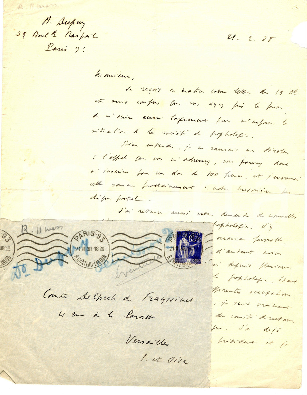 Autografo originale 1938 PARIS Graphologue AimÃ© DUPUY - Lettre autographe 1