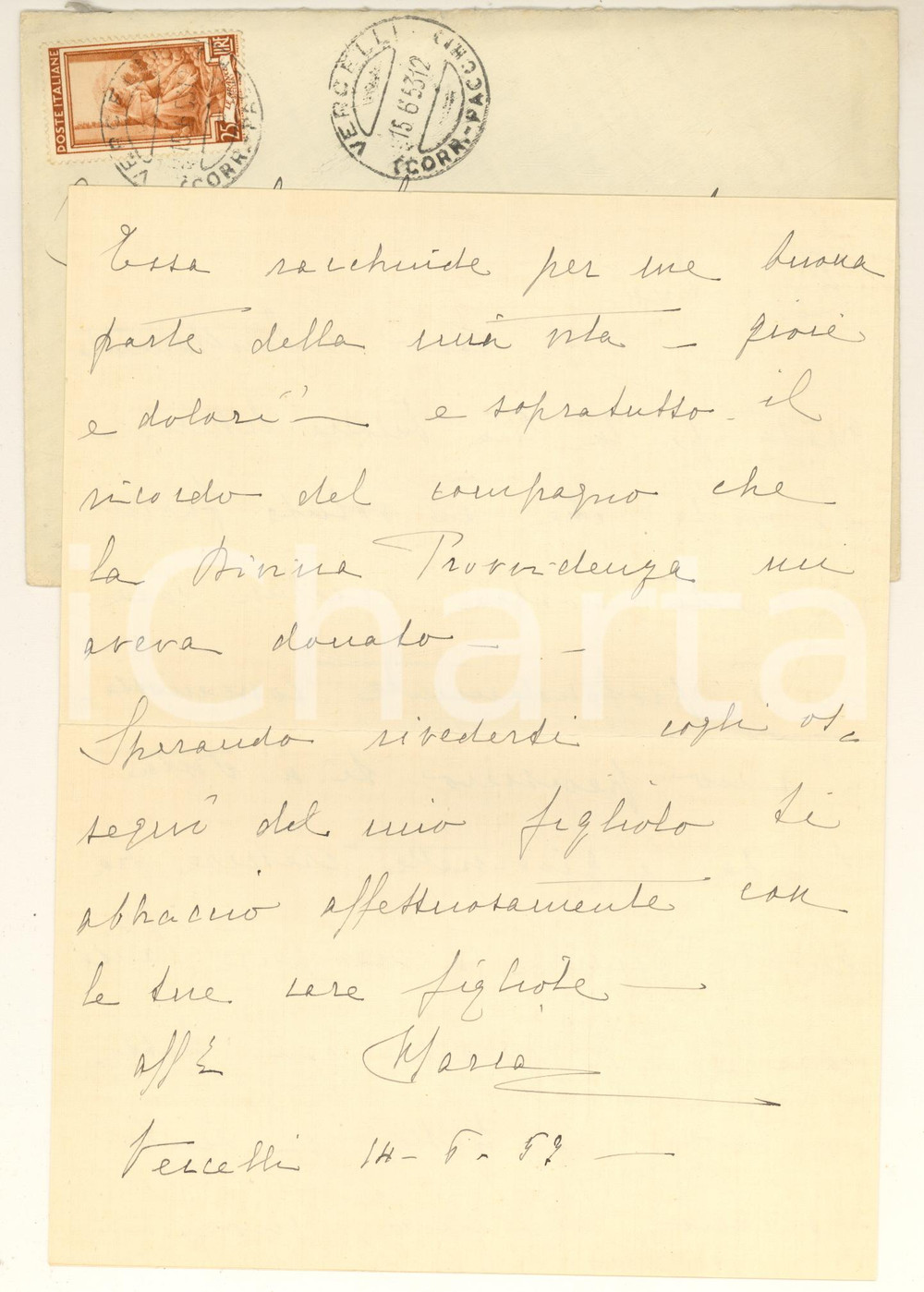 Autografo originale 1953 VERCELLI Lettera autografa Maria ALLARIO CARESANA per ringraziamento 1
