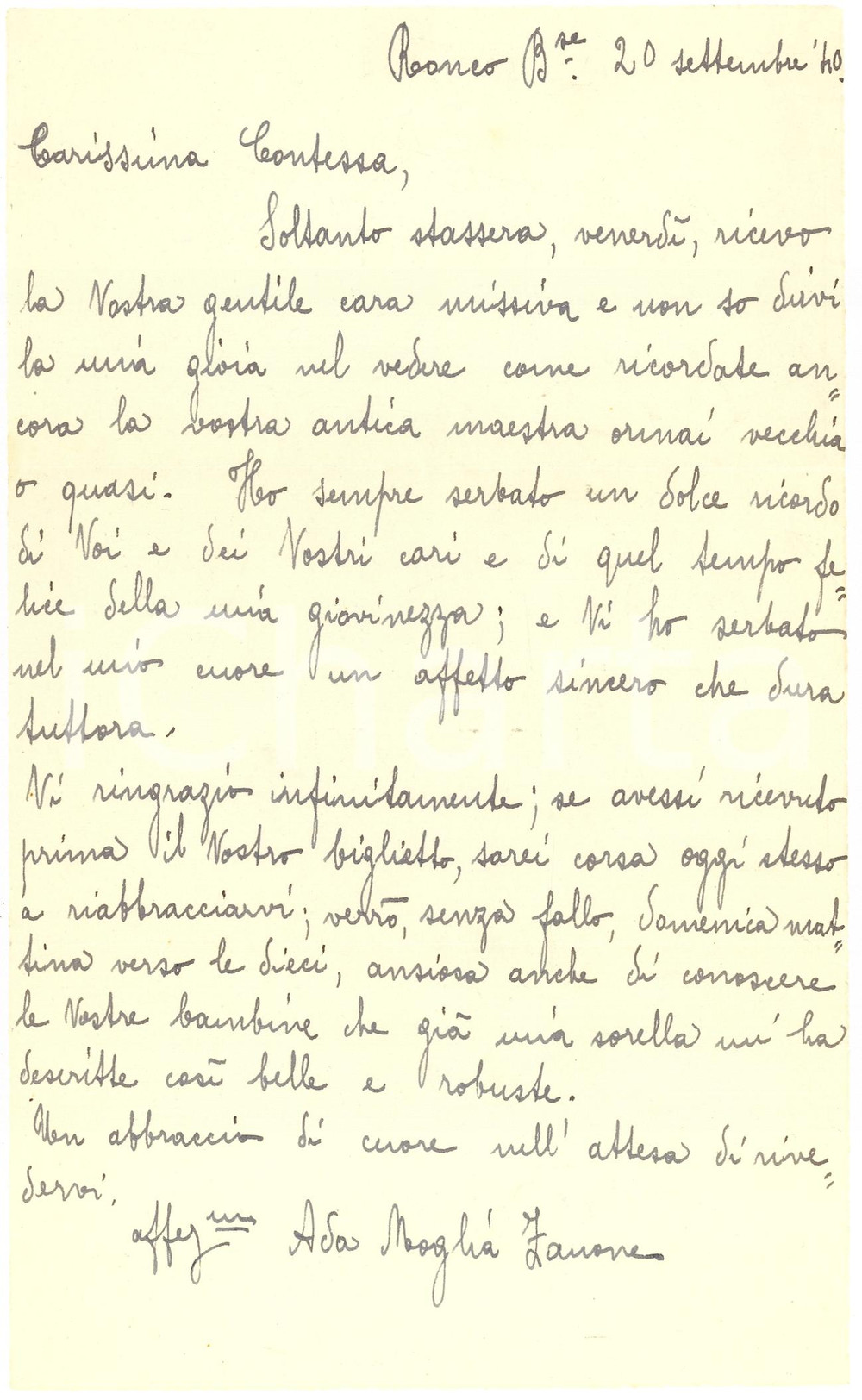 Manoscritto, lettera originale 1940 RONCO BIELLESE Lettera maestra Ada MOGLIA ZANONE 1