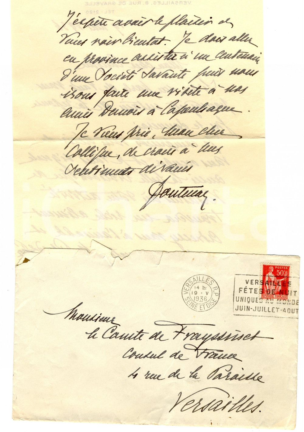 Autografo originale 1936 VERSAILLES Lettera visconte Jacques de FONTENAY  Autografo 1
