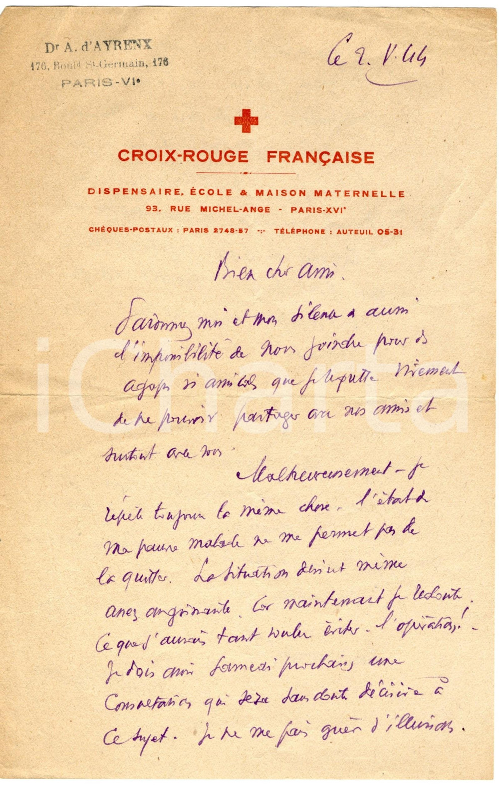 Manoscritto, lettera originale 1944 CROIX-ROUGE FRANCAISE PARIS Lettre dr. d'AYRENX - Autographe 1