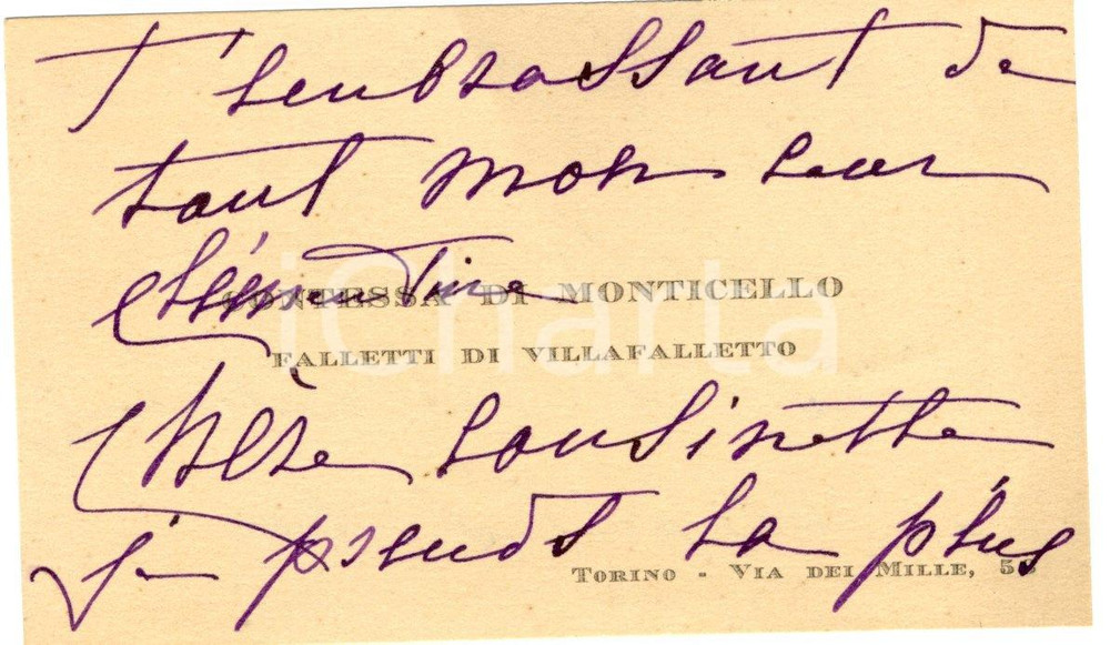 Autografo originale 1930 TORINO Contessa FALLETTI DI VILLAFALLETTO DI MONTICELLO *Autografo 1