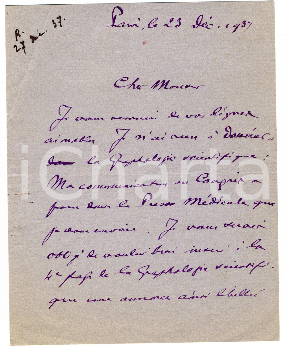 Autografo originale 1937 PARIS Charles JULLIOT sulla grafologia scientifica - Autografo 1