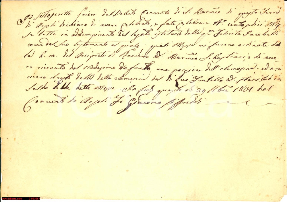 Documento originale, autentico 1831 ARSOLI RM Convento S. Bartolomeo  Messe frate Giacomo SIFFREDDI 1