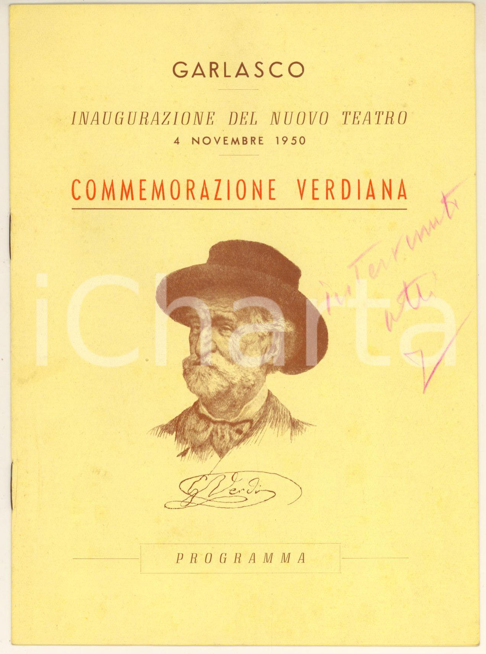 Materiale pubblicitario d’epoca 1950 GARLASCO Inaugurazione nuovo teatro - Commemorazione verdiana *Opuscolo 1