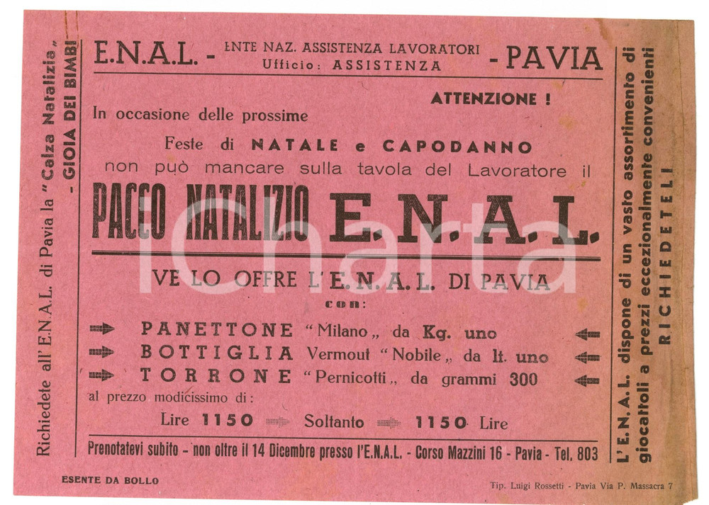 Oggetto da collezione cartaceo 1950 ENAL PAVIA Pacco natalizio e calza bimbi Volantino 1