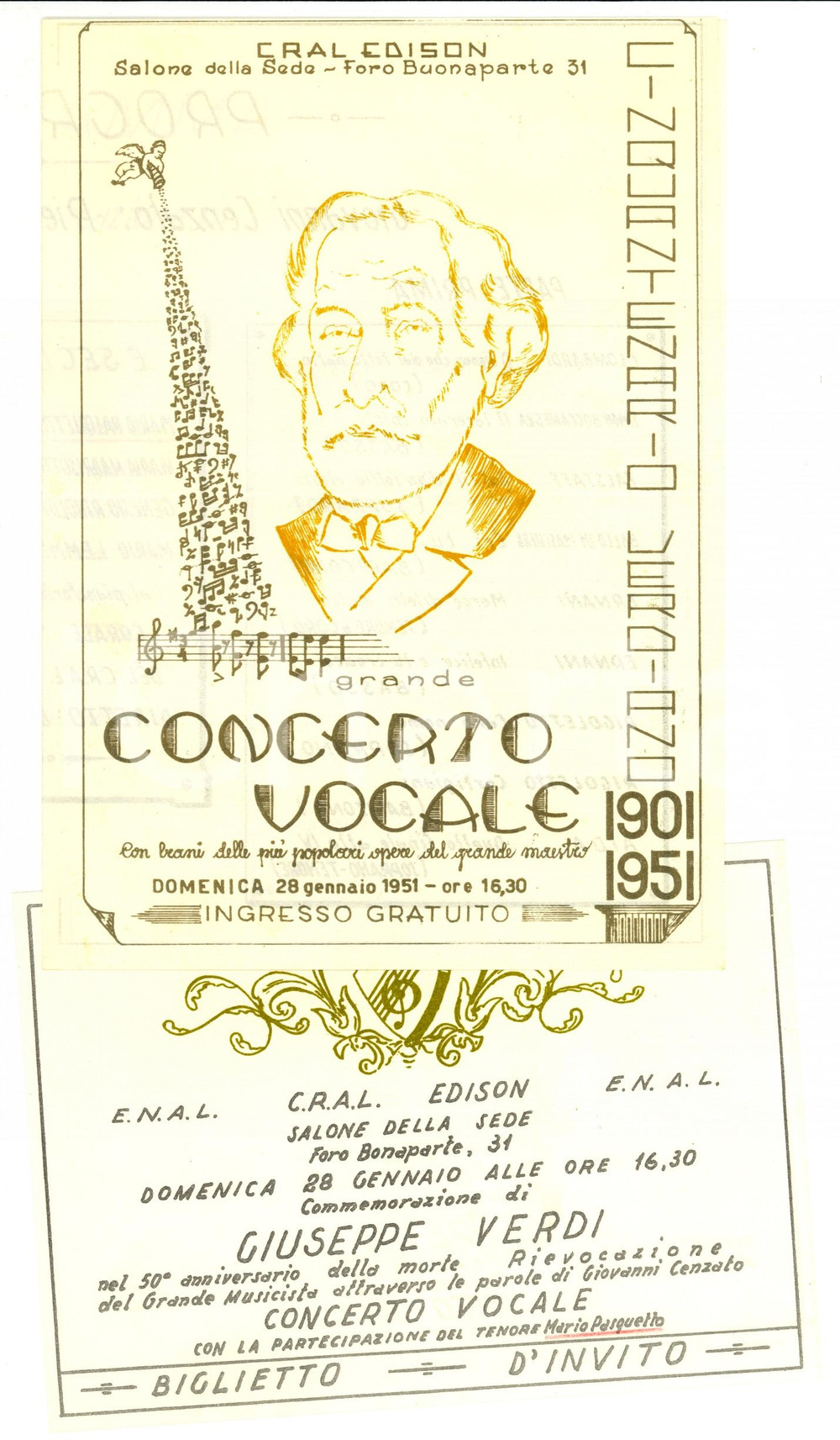 Materiale pubblicitario d’epoca 1951 MILANO Mario PASQUETTO per Cinquantenario Verdiano  Programma concerto 1