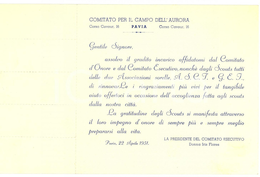Documento originale, autentico 1951 PAVIA Manifestazione SCOUT Campo dell AURORA  Cartoncino 1