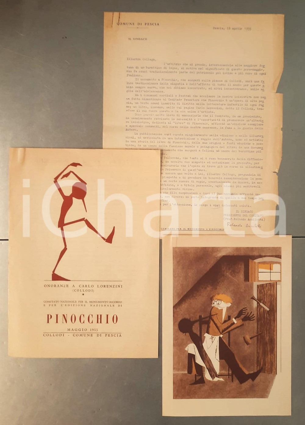 Documento originale, autentico 1955 PESCIA (PT) Onoranze a COLLODI e monumento a PINOCCHIO *Lettera 1