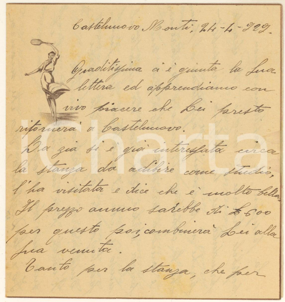 Manoscritto, lettera originale 1929 CASTELNOVO NE  MONTI Lettera  Carta intestata TENNIS donna 1