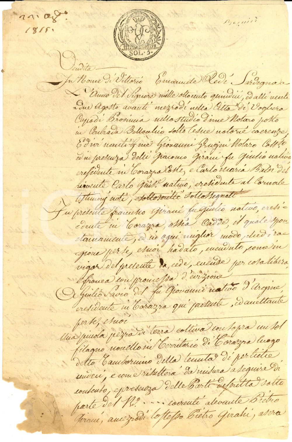 Documento originale, autentico 1815 TORRAZZA COSTE PV Francesco GIRANI vende terra con filagno novello 1