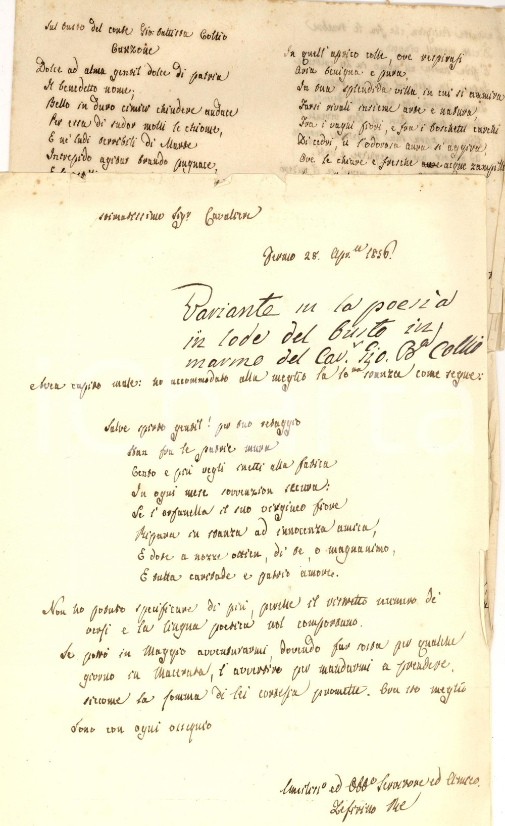 Autografo originale 1856 FERMO Canzone sul busto del conte Giovanni Battista COLLIO *Zeffirino RE 1