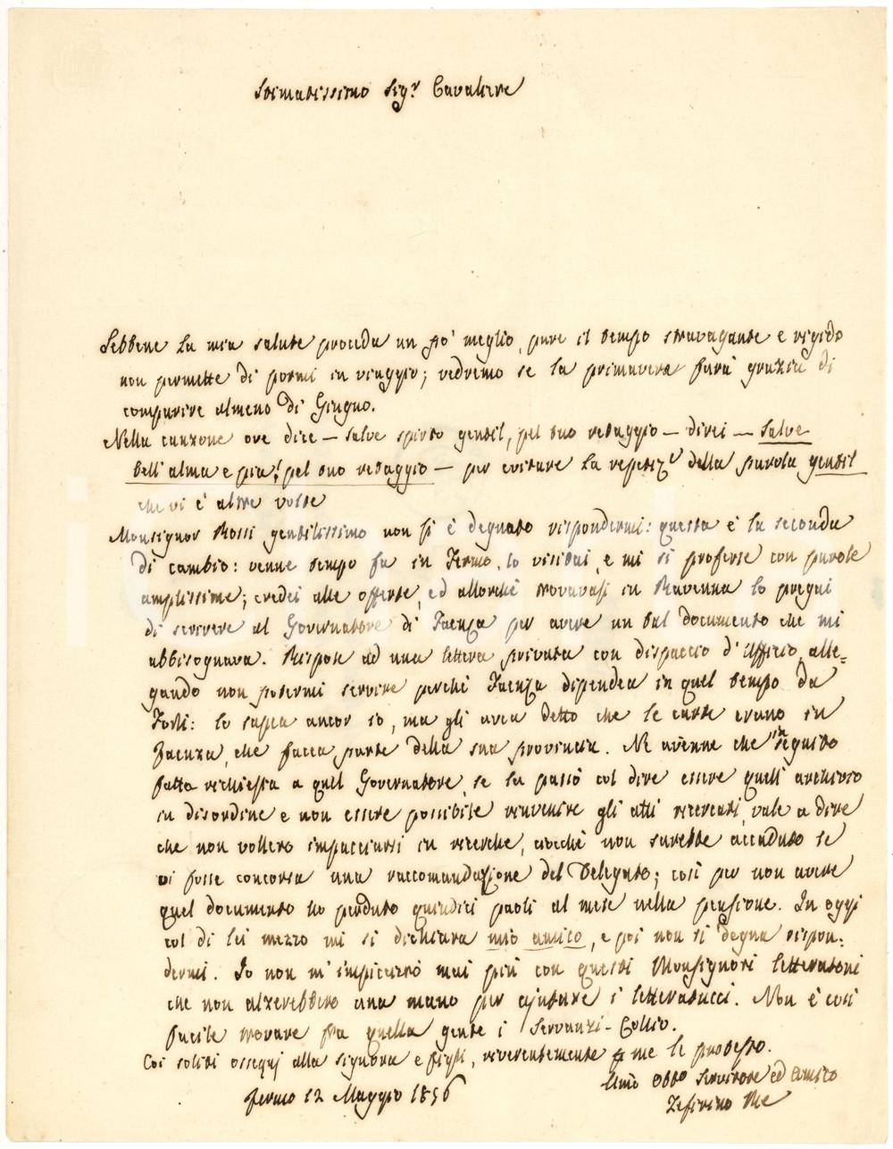 Manoscritto, lettera originale 1856 FERMO Zeffirino RE lamenta l'indifferenza di mons. ROSSI *Autografo 1