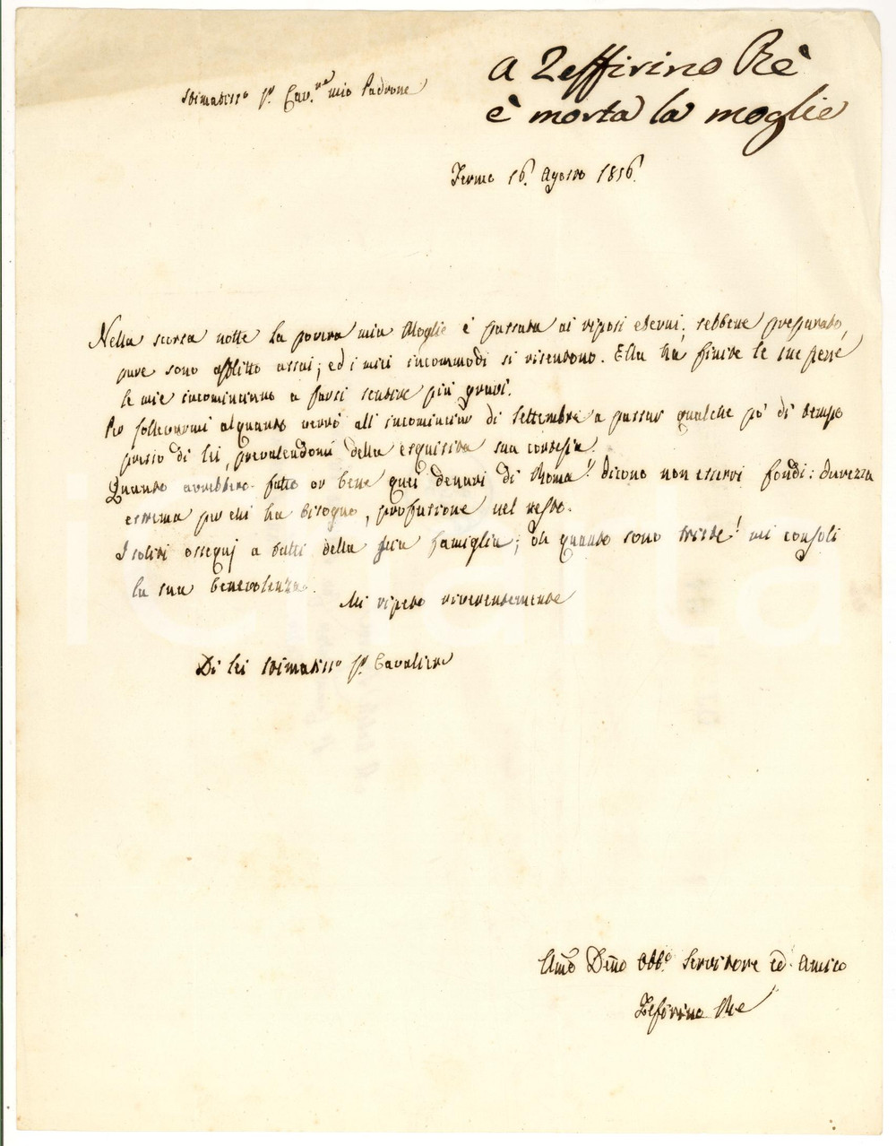 Manoscritto, lettera originale 1856 FERMO Zeffirino RE annuncia la morte della moglie per malattia *Autografo 1