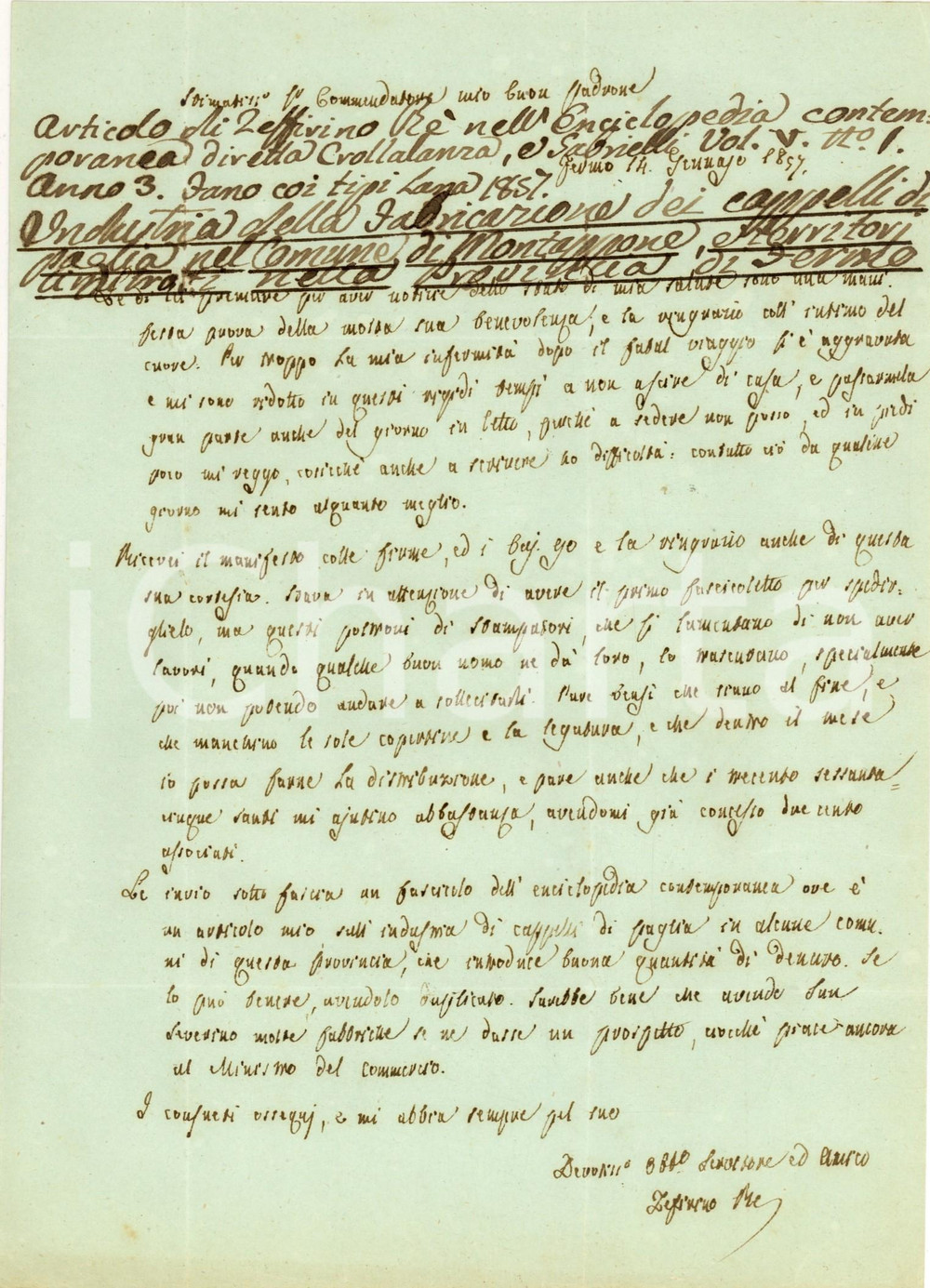 Manoscritto, lettera originale 1857 FERMO Questi poltroni di stampatori che si lamentano *Lettera Zeffirino RE 1