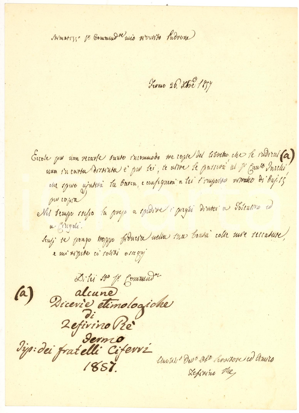 Manoscritto, lettera originale 1857 FERMO Zeffirino RE invia  copie di un libretto a Severino SERVANZI COLLIO 1
