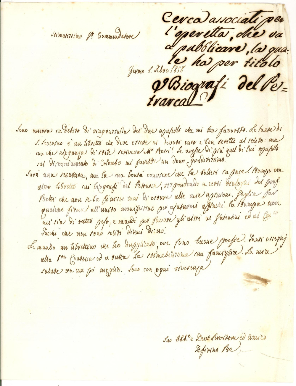 Autografo originale 1858 FERMO Salvatore BETTI non fa che contraddirmi PETRARCA Autogr. Zeffirino RE 1