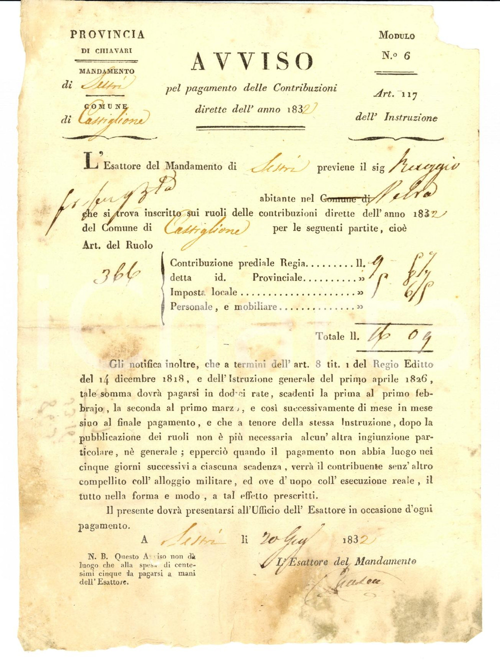 Documento originale, autentico 1832 CASTIGLIONE CHIAVARESE (GE) ProprietÃ  Giovanni Battista RAGGIO 1