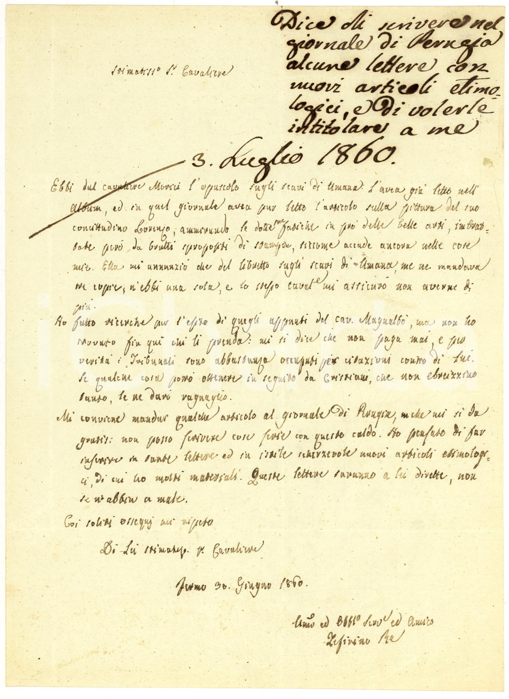 Manoscritto, lettera originale 1860 FERMO Zeffirino RE e l'opuscolo sugli scavi di UMANA di MORICI *Autografo 1