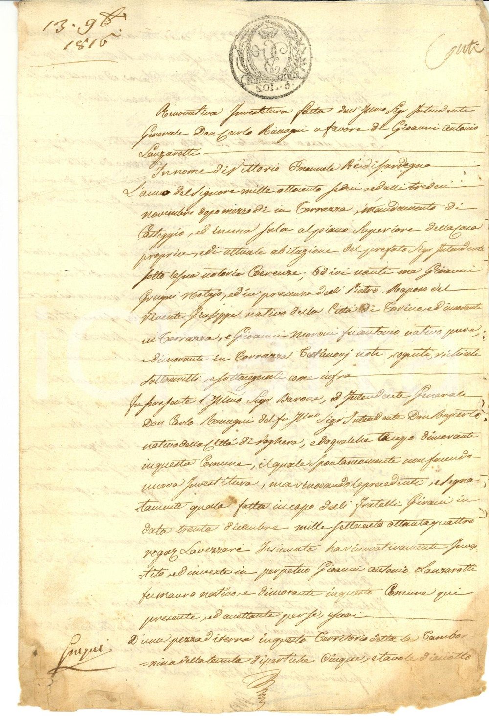 Documento originale, autentico 1816 TORRAZZA COSTE (PV) Rinnovo investitura a Giovanni Antonio LANZAROTTI 1
