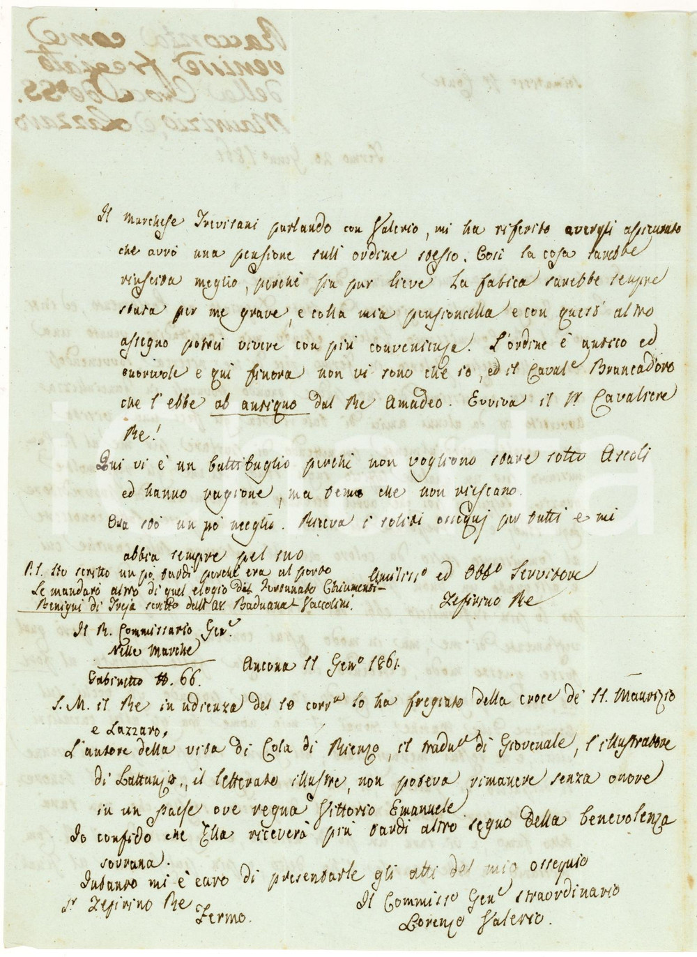 Autografo originale 1861 FERMO Zeffirino RE ottiene croce SS. MAURIZIO E LAZZARO *Autografo 1