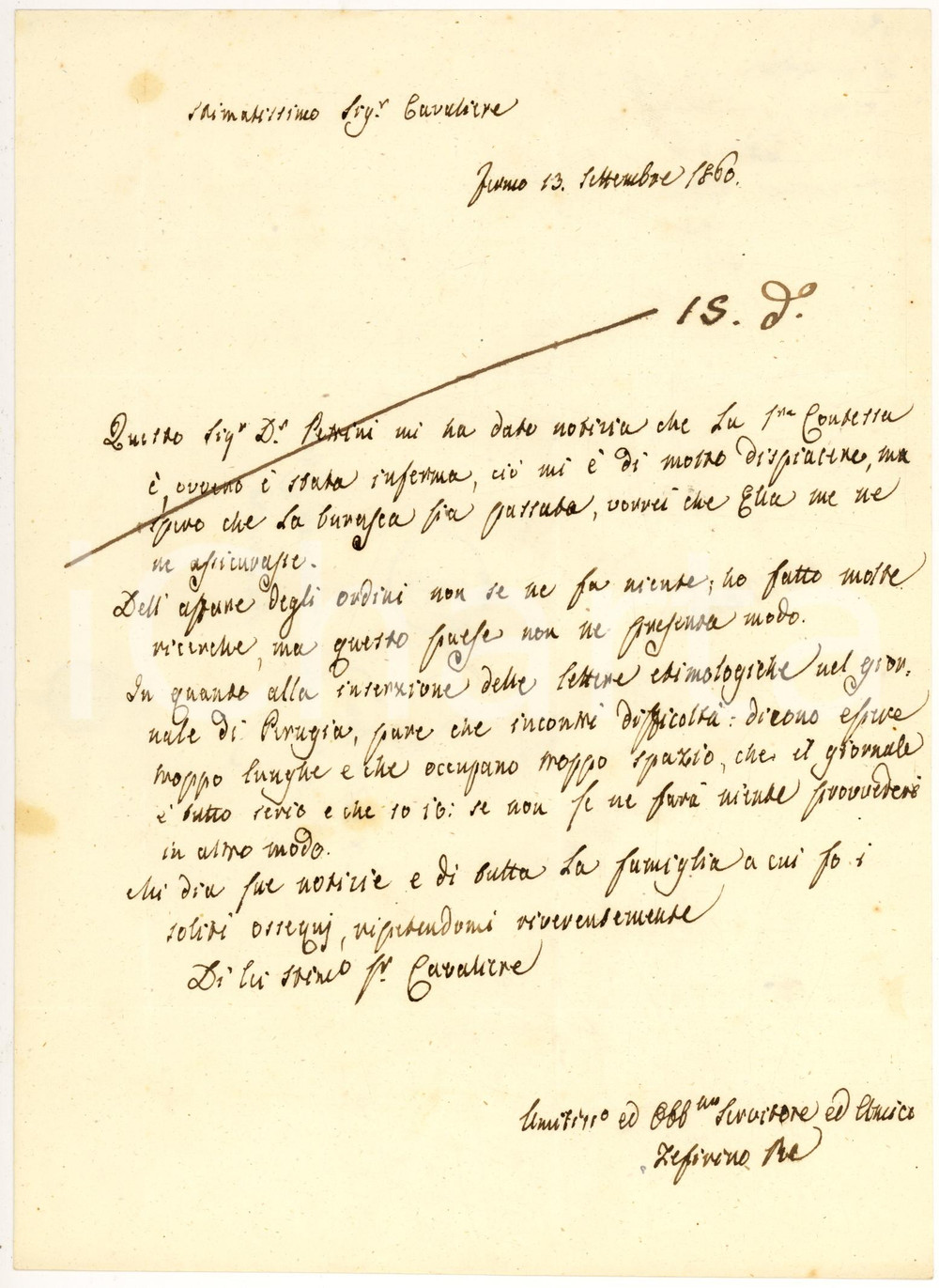 Manoscritto, lettera originale 1860 FERMO Zeffirino RE rifiutato dal GIORNALE DI PERUGIA per spazio *Autografo 1