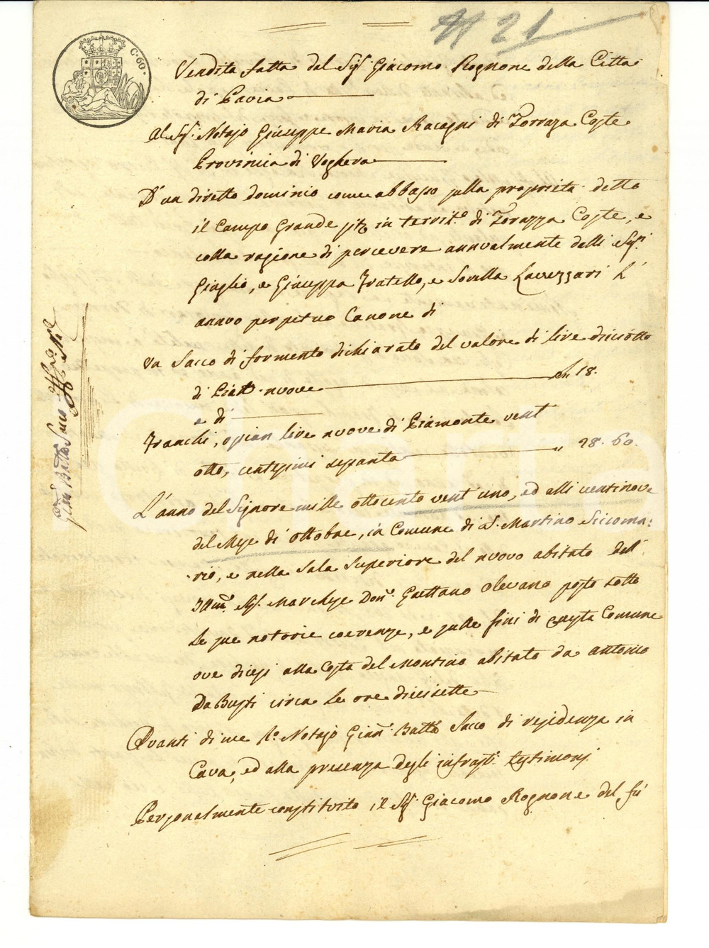 Documento originale, autentico 1821 TORRAZZA COSTE (PV) Giacomo ROGNONE vende il Campo Grande 1