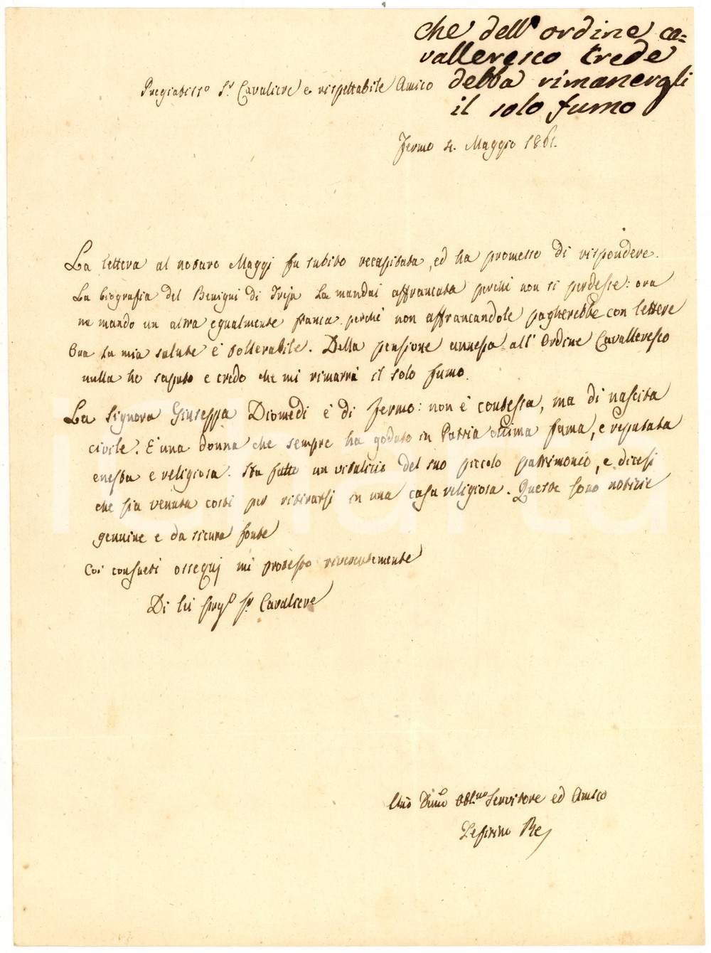 Manoscritto, lettera originale 1861 FERMO Zeffirino RE dÃ  notizie sull'onesta Giuseppa DIOMEDI *Autografo 1