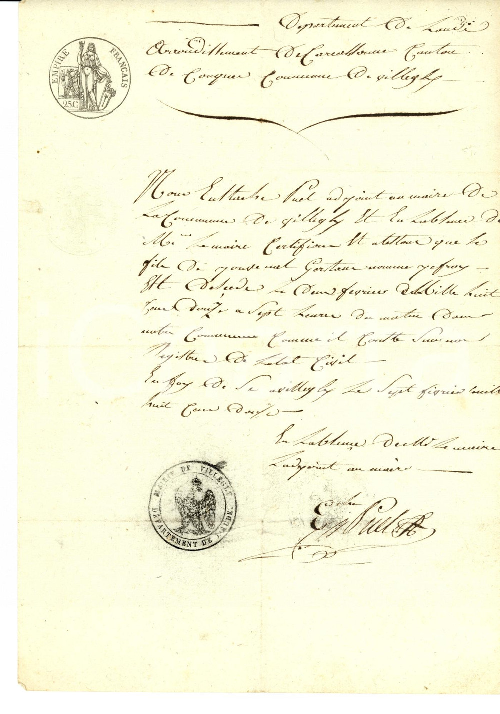 Documento originale, autentico 1812 VILLEGLY (France) Atto di morte di Jeoffroy GERTHOUX - Manoscritto 1