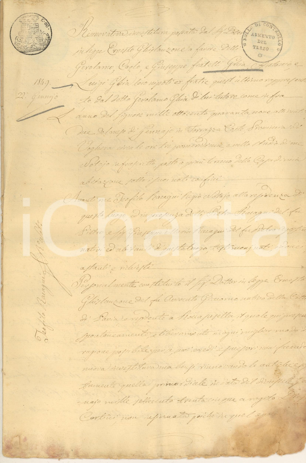Documento originale, autentico 1849 SANT ANTONINO PV Rinnovo investitura ai fratelli GHIA  Manoscritto 1