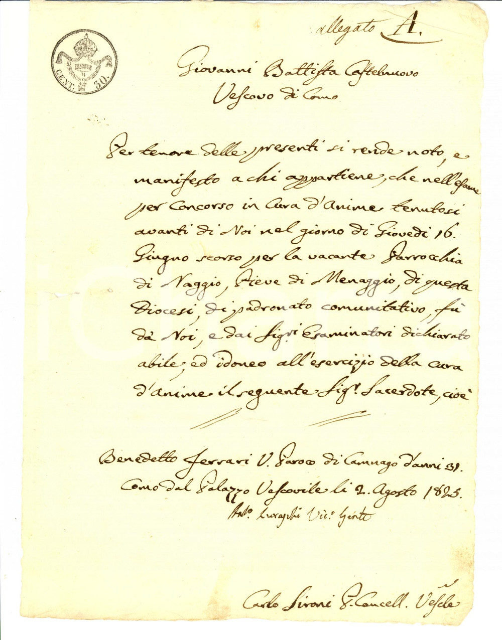 Documento originale, autentico 1825 NAGGIO (CO) Nomina don Benedetto FERRARI nuovo parroco 1