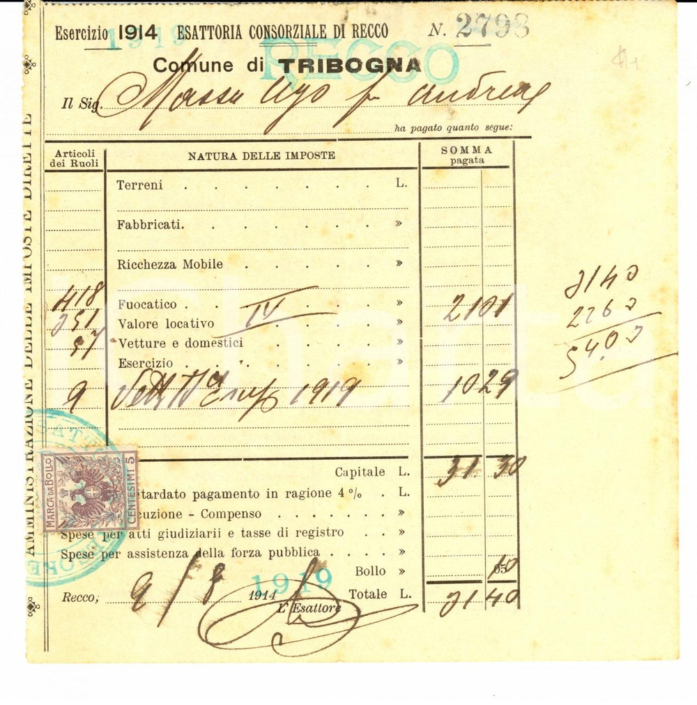 Documento originale, autentico 1919 TRIBOGNA (GE) Spese Ugo MASSA per locazione stabili 1