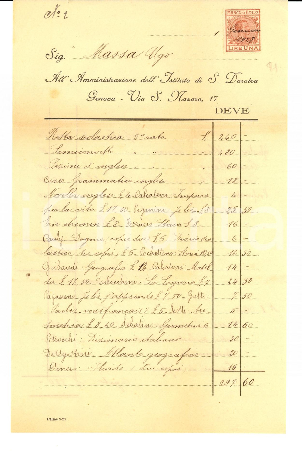 Documento originale, autentico 1928 GENOVA Conto dll'Istituto di SANTA DOROTEA - Ugo MASSA 1
