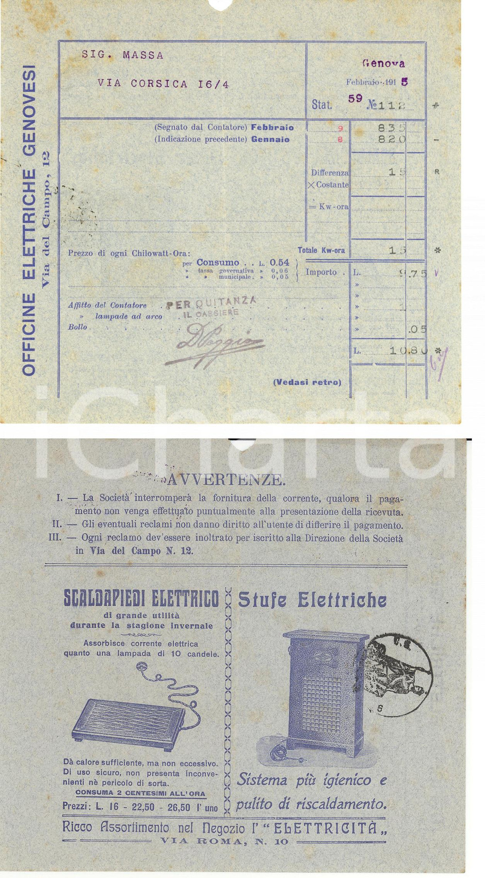 Materiale pubblicitario d’epoca 1915 GENOVA Bolletta pubblicitaria OFFICINE ELETTRICHE GENOVESI 1