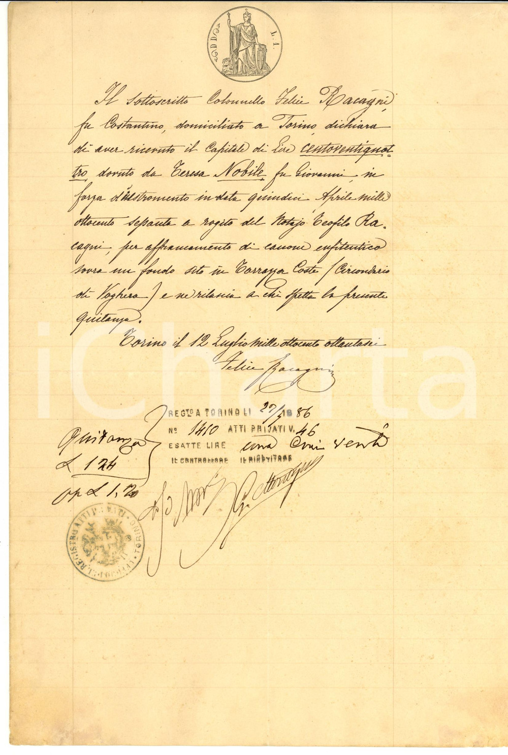 Documento originale, autentico 1886 TORINO Affrancamento di enfiteusi Felice RACAGNI Autografo 1