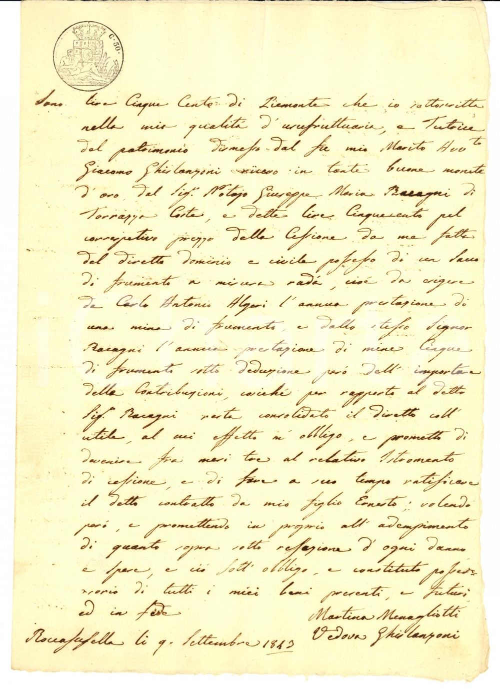 Documento originale, autentico 1843 ROCCA SUSELLA (PV) Crediti vedova Martina MENAGLIOTTI GHISLANZONI 1