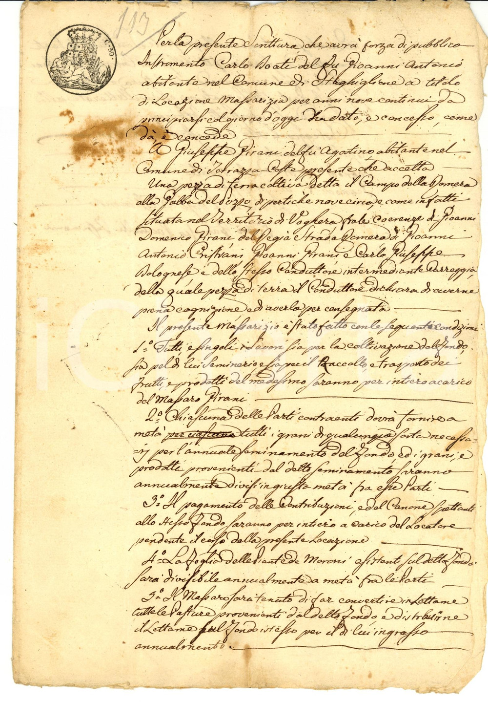 Documento originale, autentico 1828 VOGHERA PV Locazione massarizia del CAMPO DELLA ROMERA 1