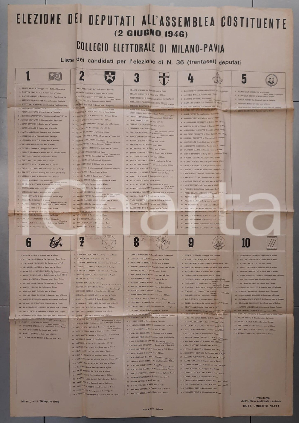 Documento originale, autentico 1946 PAVIA Liste candidati ASSEMBLEA COSTITUENTE Manifesto elettorale cm 80x120 1