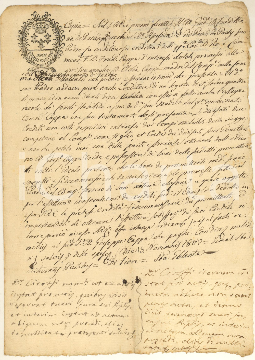Documento originale, autentico 1802 NAPOLI Francesco Maria DE PAOLIS pretende diritti dotali della madre 1
