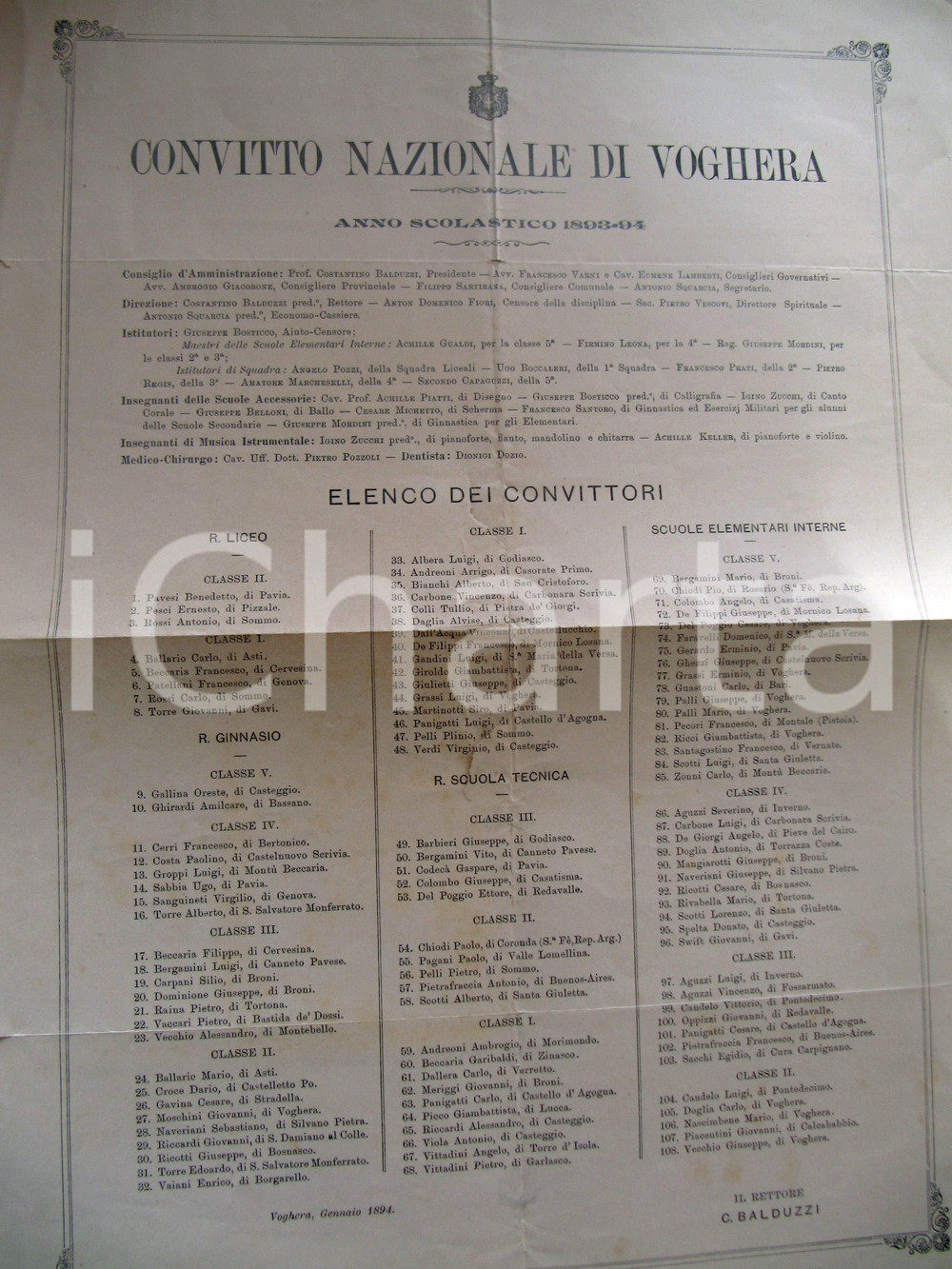 Documento originale, autentico 1893 VOGHERA Elenco allievi CONVITTO NAZIONALE *Manifesto DANNEGGIATO 1