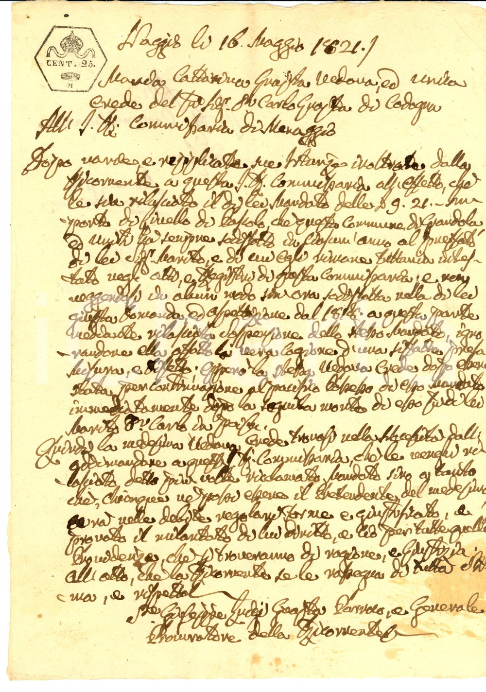 Documento originale, autentico 1821 GRANDOLA ED UNITI (CO) Vedova Caterina GRASTA difende il suo pascolo 1